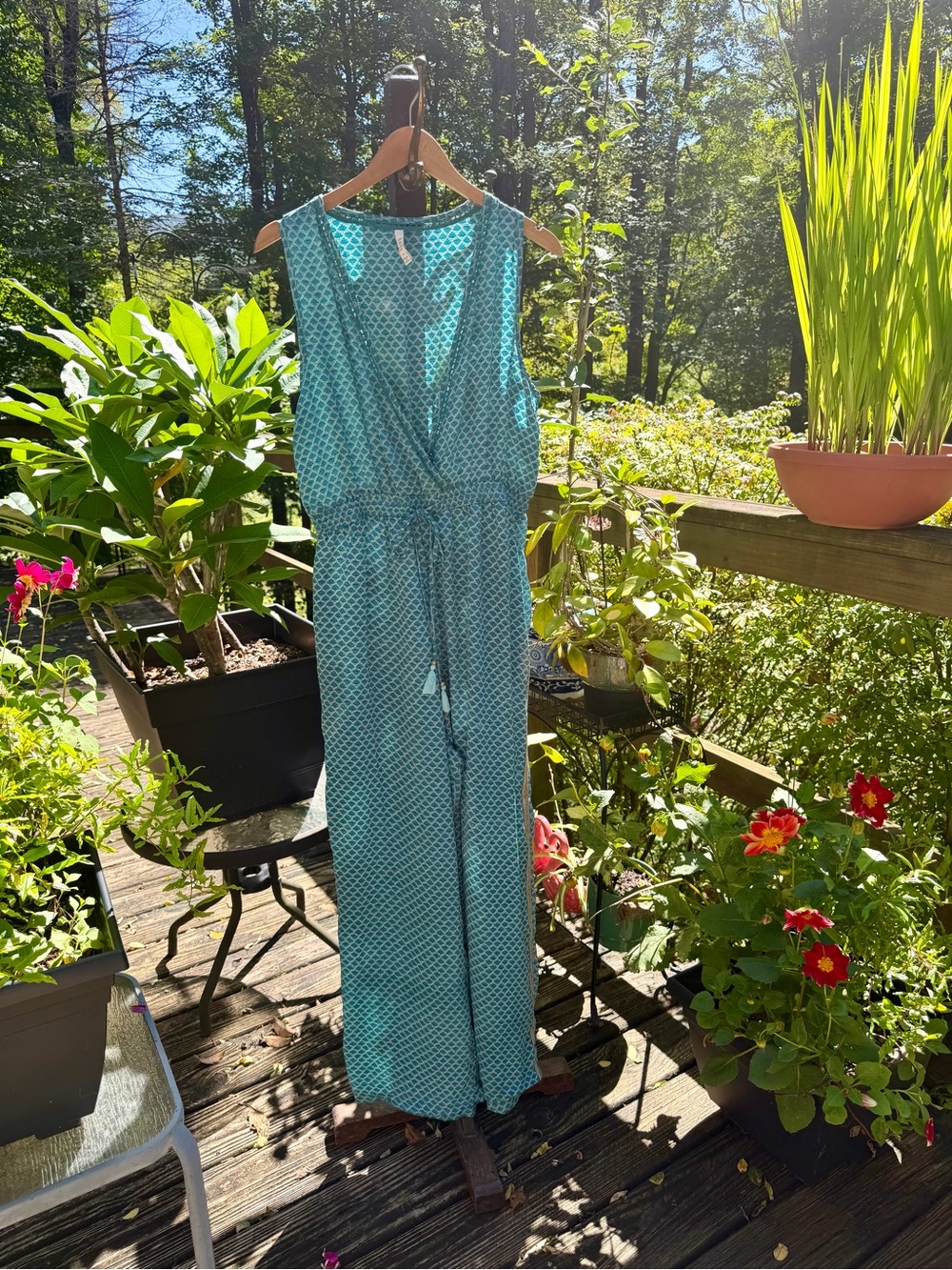 RAGA Teal Geometric Sleeveless Jumpsuit with Drawstring Waist
